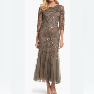 Women’s Pissaro Nights Brown, Sequins And Beaded Long Sleeve Gown Size 12